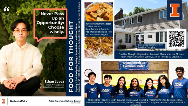 Food for Thought graphic featuring Ethan Lopez, AACC interns, Thai food from Siam Terrace, the Asian American Cultural Center, and a QR code to register for the September 29 event.