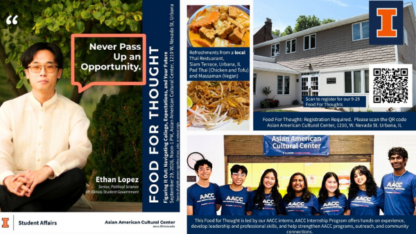 Food for Thought graphic featuring Ethan Lopez, AACC interns, Thai food from Siam Terrace, the Asian American Cultural Center, and a QR code to register for the September 29 event.