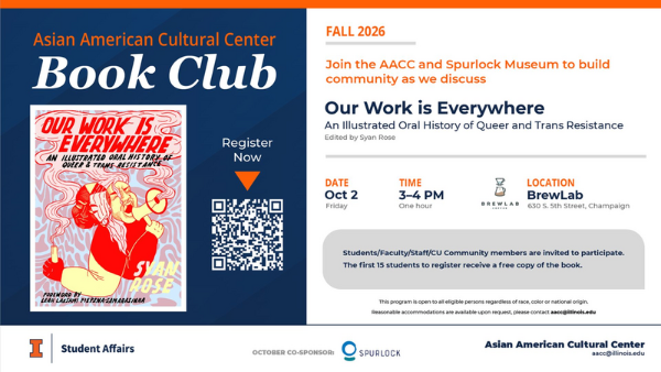 AACC Book Club flyer featuring Our Work Is Everywhere by Syan Rose and event details for Oct. 2 at BrewLab.