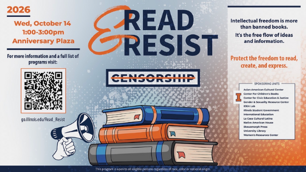 Graphic for Read & Resist: Celebrate Intellectual Freedom on Wednesday, October 14, 2026, from 1–3 PM at Anniversary Plaza, featuring books and a megaphone with the message “Protect the freedom to read, create, and express.