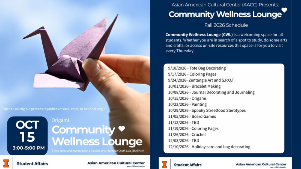 AACC Community Wellness Lounge Fall 2026 schedule flyer featuring a purple origami crane, weekly Thursday activities from September 10 to December 10, and an October 15 origami session from 3–5 PM.