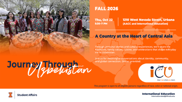 Orange iCU Journey Through Uzbekistan flyer featuring a group in traditional attire with decorative bread, inviting participants to explore Uzbek culture, traditions, cuisine, and community on October 22, 2026, from 5:30–7 PM at AACC, with dinner provided.