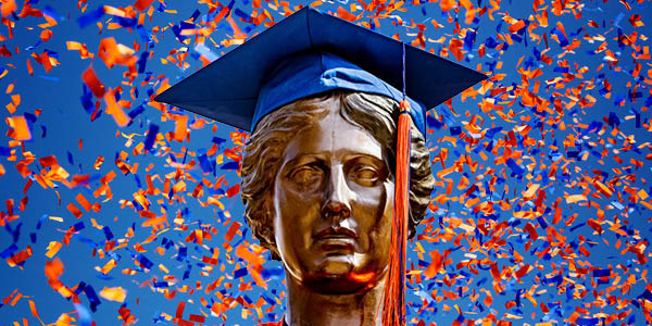 Alma wearing a graduation outfit in front of a sky full of confetti.