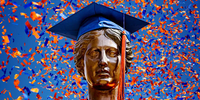 Alma wearing a graduation outfit in front of a sky full of confetti.