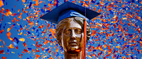 Alma wearing a graduation outfit in front of a sky full of confetti.