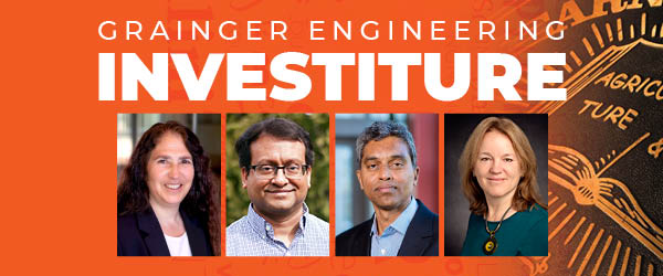 Grainger Investiture on an orange background with a medallion and four headshots.