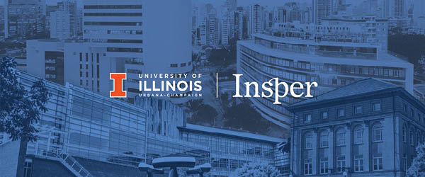 Blue combo image of the University of Illinois and Insper campuses.