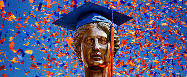 Alma wearing a graduation outfit in front of a sky full of confetti.