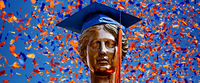 Alma wearing a graduation outfit in front of a sky full of confetti.