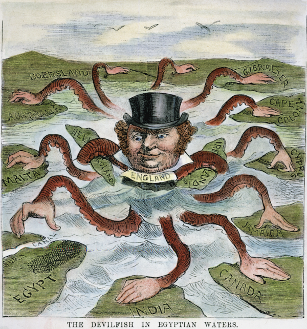 Illustration of an man wearing a top hat and a beard. The man has arms like an octopus. Each tentacle is placed on a separate colony of the British Empire.