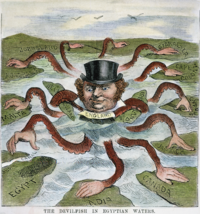 Illustration of an man wearing a top hat and a beard. The man has arms like an octopus. Each tentacle is placed on a separate colony of the British Empire.