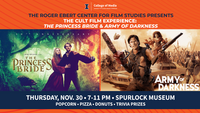 Film posters of The Princess Bride and Army of Darkness placed side by side on an orange background.