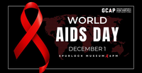 A graphic with a black background with a red ribbon placed over a red world map.