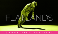 Graphic in green, black, and pink with a photograph of a dancer in mid-pose. The words "Flatlands Dance Film Festival" are written on the graphic.