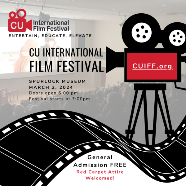Illustration of a film camera in black, white, and red placed over a large illustrated strip of film.