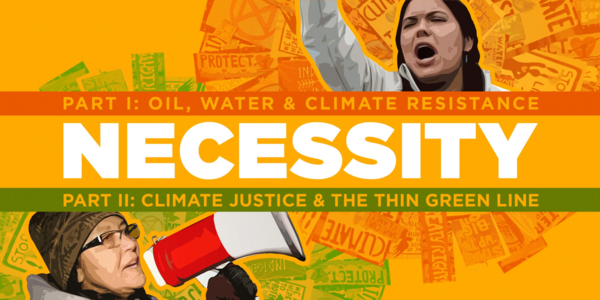 Yellow, orange, and green graphic featuring two images of women protesting.