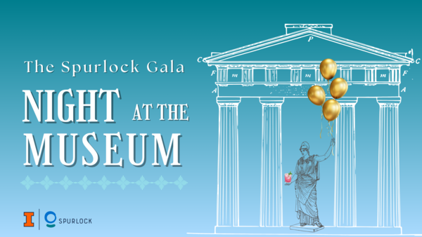 The Spurlock Gala: Night at the Museum with line drawing of a Greek temple and statue