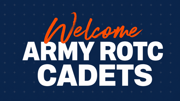 Welcome Army ROTC Cadets graphic in Illinois orange and navy.