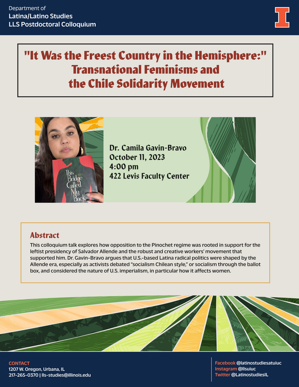 Flyer for Camila Gavin-Bravo's talk -- Shows an Image of Dr. Gavin-Bravo holding a book and contains information of the event