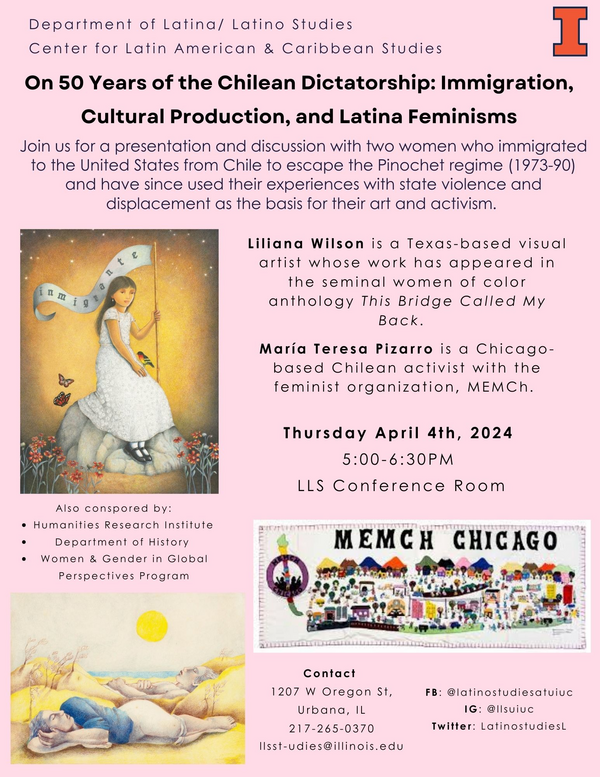 Flyer with an image of a girl holding a flag that says inmigrante, image of two people laying on a beach, and a tapestry that says MEMCH Chicago
