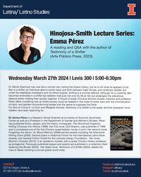 Flyer showing image of Emma Pérez with her hand on her chin with a blue and white background. Image of her book "Testimony of a Shifter," which shows a person's back covered with dust is also on the flyer.