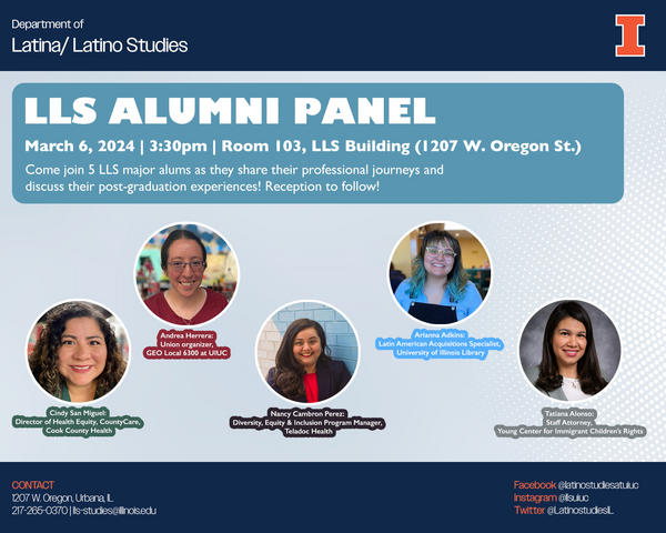 Flyer showing images of five people on a blue background with each person's names and employment titles under their images.
