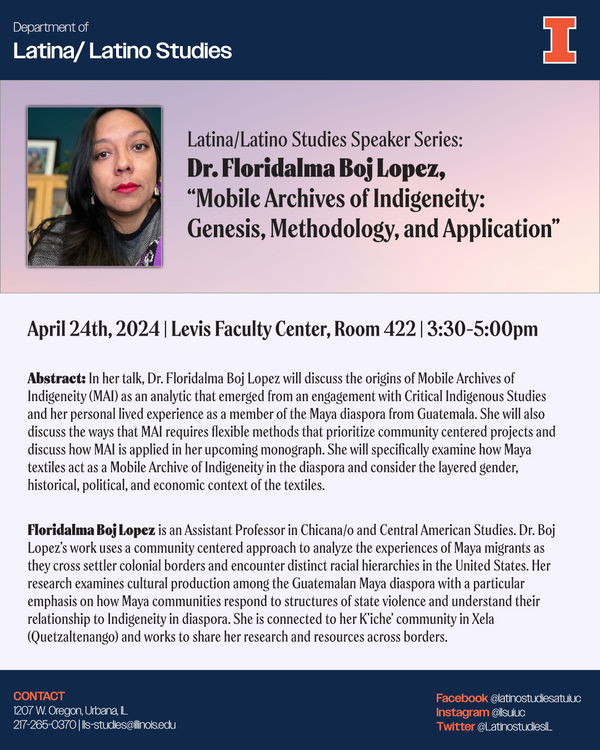 Flyer showing Floridalma Lopez with a purple and white background with an abstract of her talk.