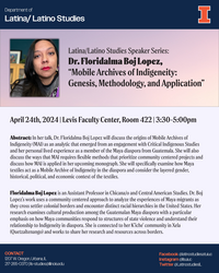 Flyer showing Floridalma Lopez with a purple and white background with an abstract of her talk.
