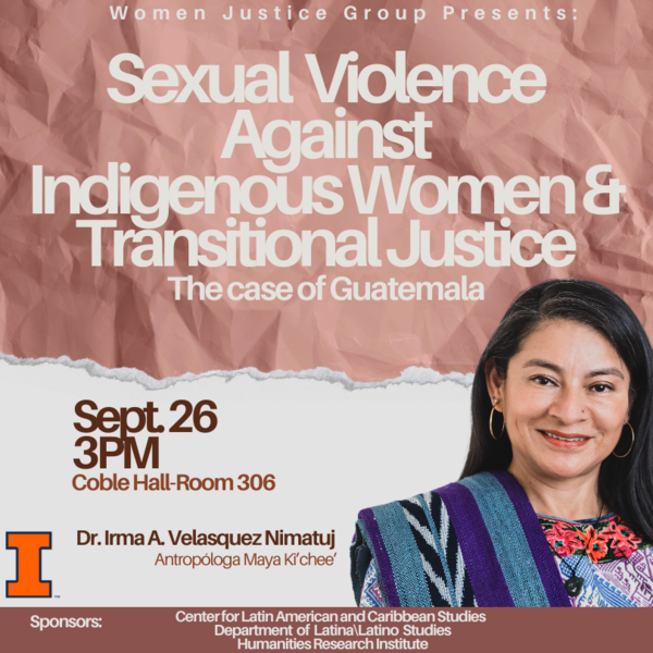 Image of Dr. Irma A. Velasquez Nimatuj in front of a brown and white background with the name of the talk in white text.