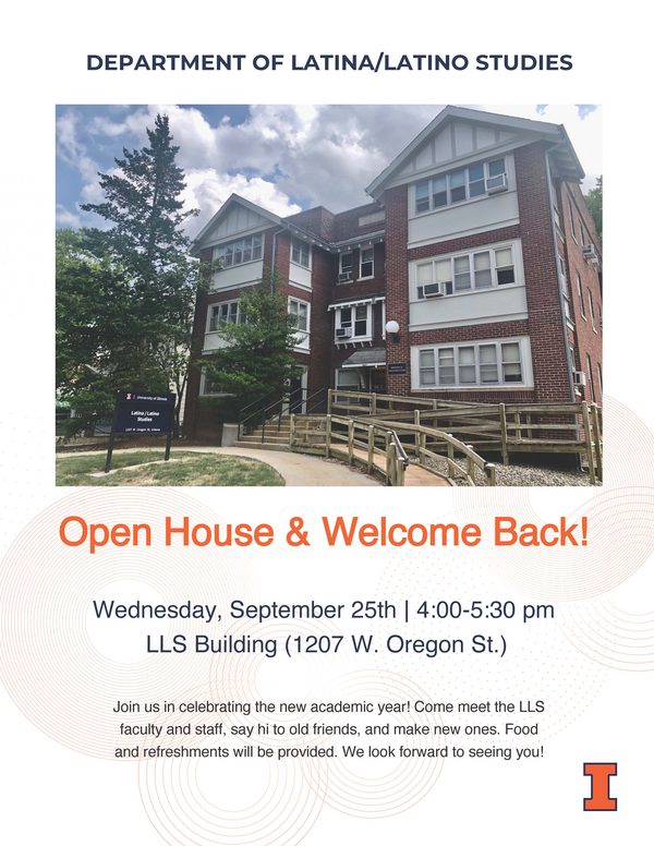 Flyer for LLS Open House that shows a brick building (the Latina/Latino Studies Building) next to some evergreen trees.
