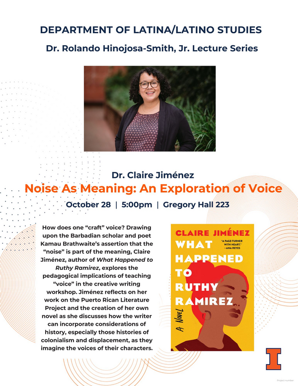 Flyer showing Claire Jimenez and the cover of her book "What Happened to Ruthy Ramirez," which shows an illustration of a woman with brown skin and red hair on a yellow background.