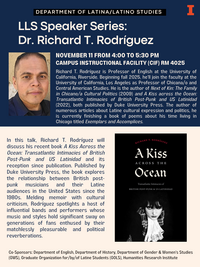 Flyer showing an image of Richard T. Rodriguez against a blue background. Also shows an image of the cover of his book "A Kiss Across the Ocean," which has a black background and a black and white image of a woman.