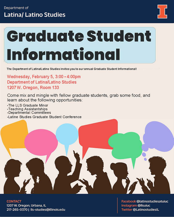 Image shows information for the LLS Graduate Student Conference on a tan background with show images of people talking with text bubbles