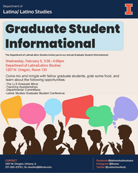 Image shows information for the LLS Graduate Student Conference on a tan background with show images of people talking with text bubbles