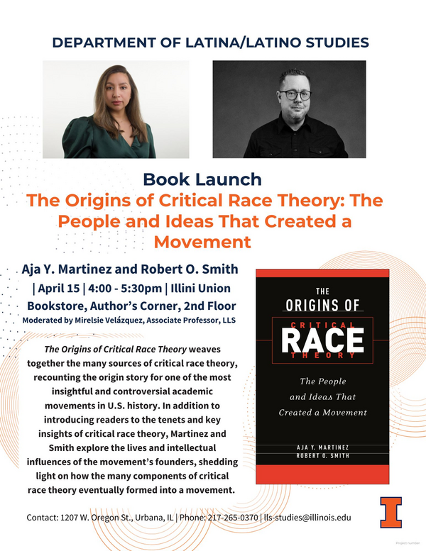 Image of Aja Y. Martinez in a green shirt and Robert O. Smith in a black shirt. Shows the black cover of their book, The Origins of Critical Race Theory