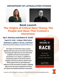 Image of Aja Y. Martinez in a green shirt and Robert O. Smith in a black shirt. Shows the black cover of their book, The Origins of Critical Race Theory