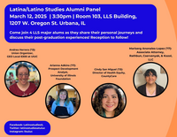 Flyer has a orange background and four photos of the LLS alums who will be participating in the panel. The flyer also gives meeting information on a blue background.