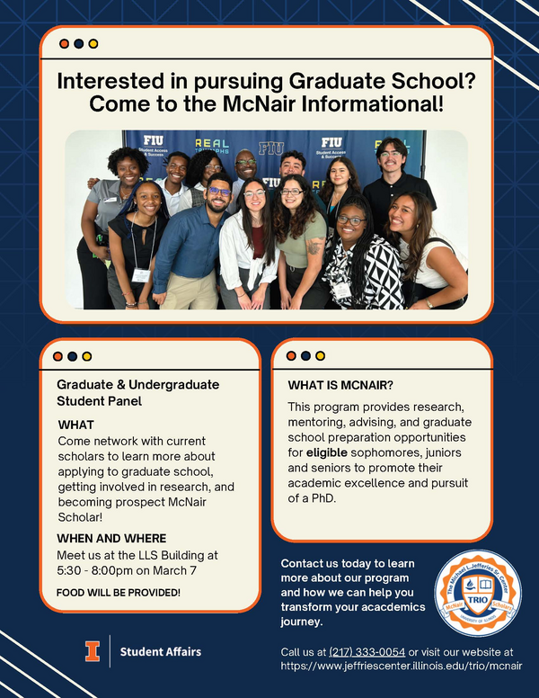 Flyer showing a group of former McNair scholars alongside text about the March 7th informational