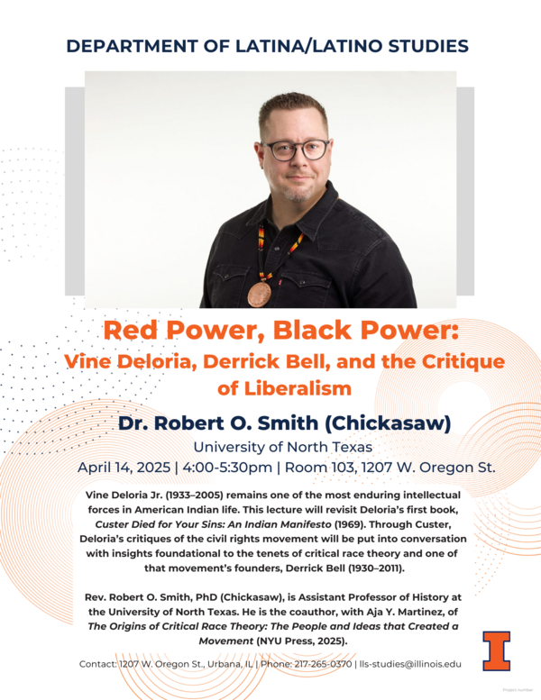 Flyer shows image of Robert O. Smith in a black shirt wearing a medal around his neck. The flyer is white with orange designs and includes information about the talk.