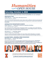 Image shows a list of events for the Humanities Open House on a white background as well as headshots of the Alumni Panel Speakers.