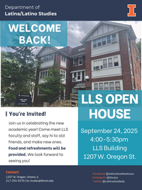 Flyer showing the Latina/Latino Studies brick building along with text describing the event, time, and location.
