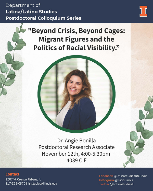 Image shows Dr. Bonilla with a green background and with green vines along with the event information.
