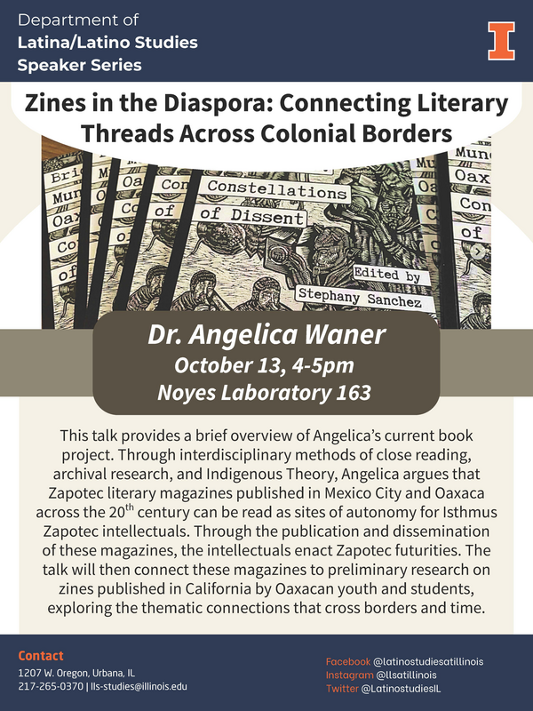 Flyer showing images of zines that will be part of the lecture. Flyer also including abstract of the talk along with time, date, and location information.