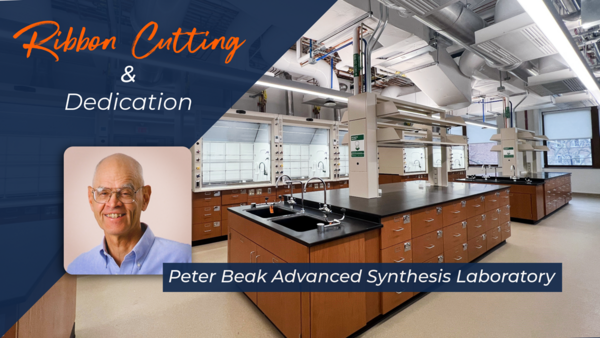 Photo of a newly renovated science lab and an inset head shot photo of Peter Beak
