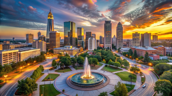 Downtown Atlanta skyline photo at evening sunset