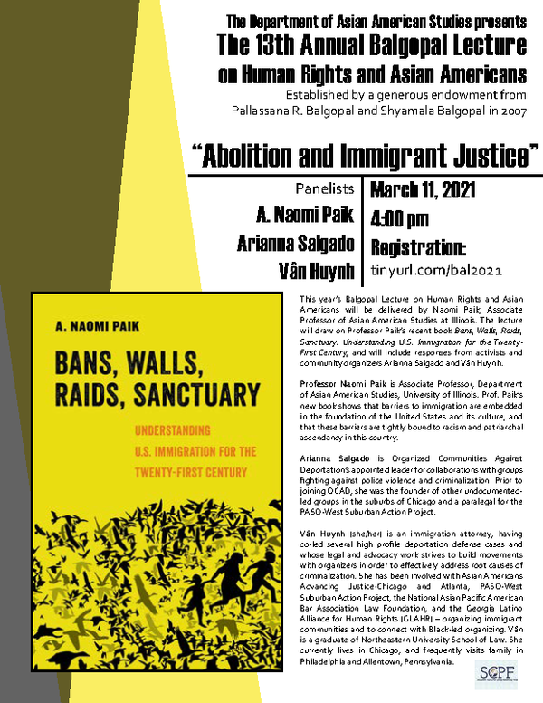 Flyer for the lecture. The flyer is black, white, and yellow and shows the information displayed in the body text. An image of the cover of Bans, Walls, Raids, Sanctuary is in the lower left corner. The book cover depicts a running family surrounded by a flock of birds in flight.