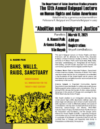 Flyer for the lecture. The flyer is black, white, and yellow and shows the information displayed in the body text. An image of the cover of Bans, Walls, Raids, Sanctuary is in the lower left corner. The book cover depicts a running family surrounded by a flock of birds in flight.