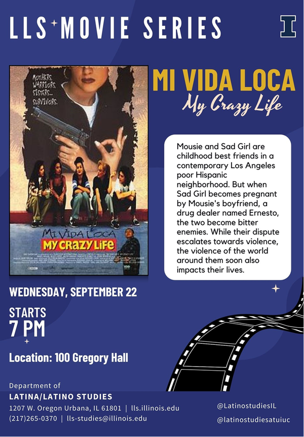 Flyer for the event. Shows a movie poster, in which five women sit in front of a photo of a woman with a gun making a hand sign.
