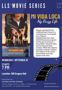 Flyer for the event. Shows a movie poster, in which five women sit in front of a photo of a woman with a gun making a hand sign.