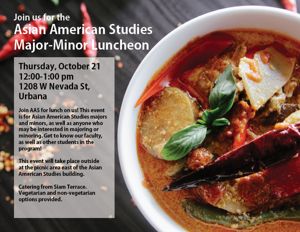 Flyer for the event. Shows a bowl of curry with vegetables and a sprig of basil. All information replicated in the text below.